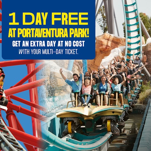 Bir grup heyecanlı insan hız treninde; üstteki yazı şöyle diyor: "PORTAVENTURA PARK'TA 1 GÜN ÜCRETSİZ! Çok günlük biletinizle bir gün ücretsiz kazanın."