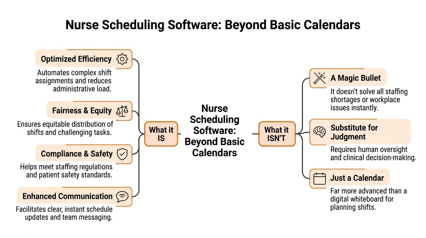 A diagram contrasting the functional capabilities and common misconceptions of nurse scheduling software in healthcare facilities.