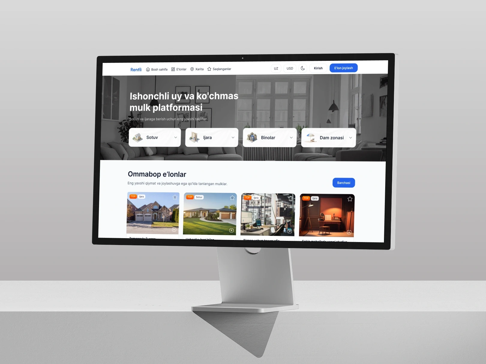 Rentli real estate marketplace UI on iMac — premium property discovery platform design with search filters and listings, UI/UX design 2026