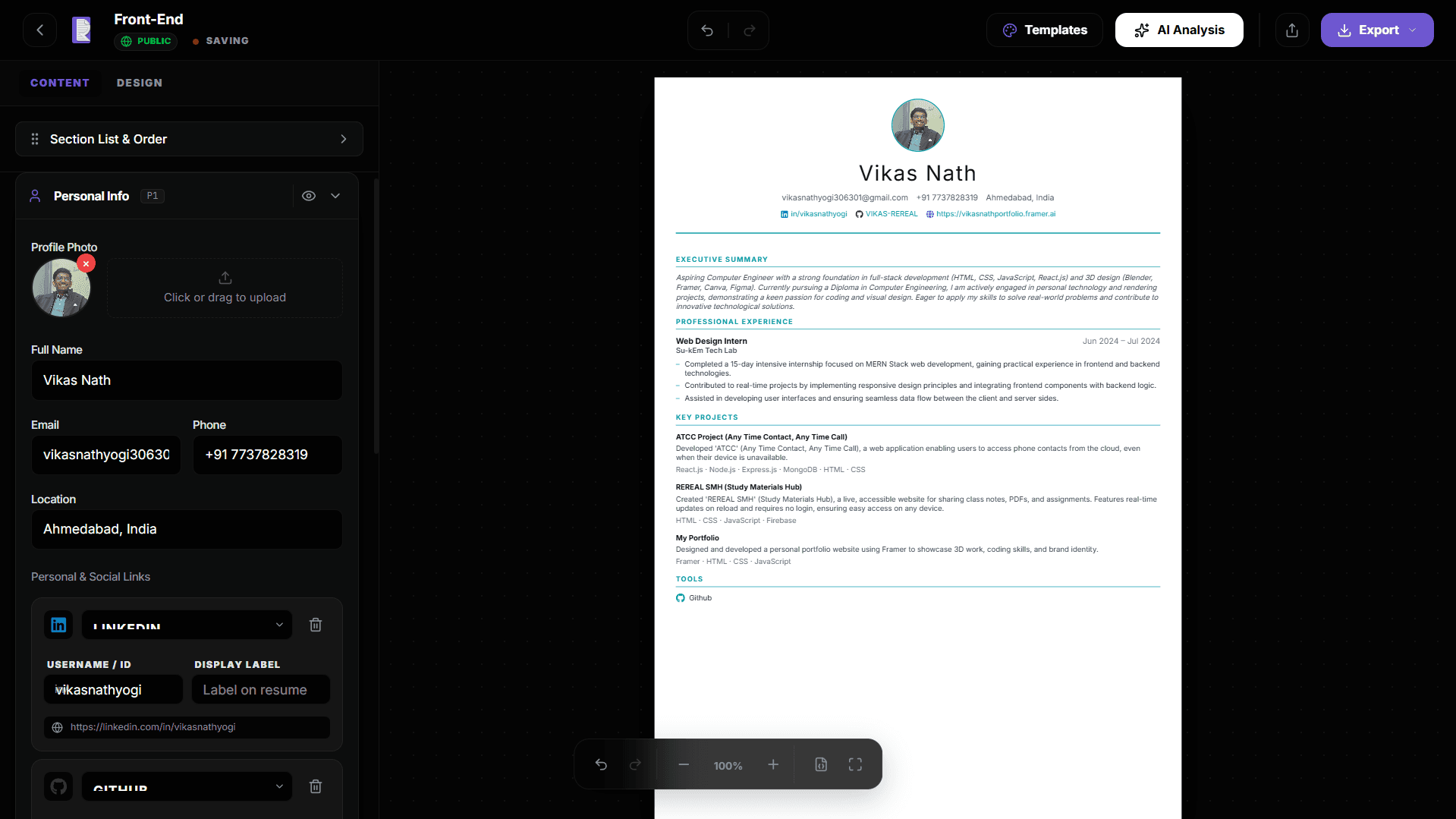 Editor page of rereal resume builder website 