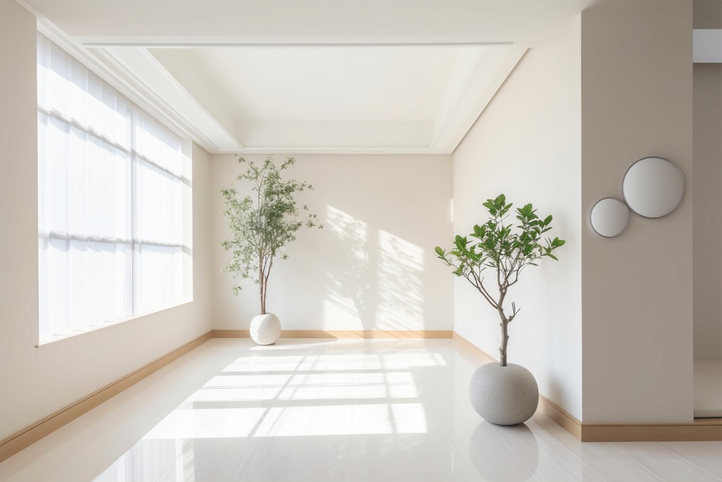 Minimalist room with potted trees and round wall mirrors