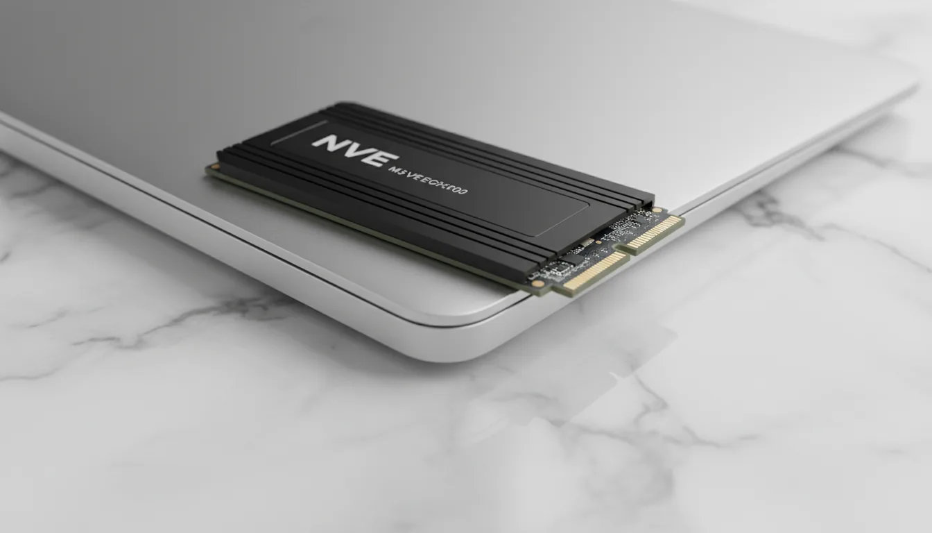 DSLR close-up photograph of a modern black NVMe M.2 SSD drive placed diagonally across the corner of a closed silver aluminum laptop. The scene is illuminated by soft studio lighting, creating clean reflections on the hardware. The background features a white marble surface with subtle grey veining. The image is captured with a shallow depth of field, rendering the SSD in sharp focus while the laptop and marble background are softly blurred.