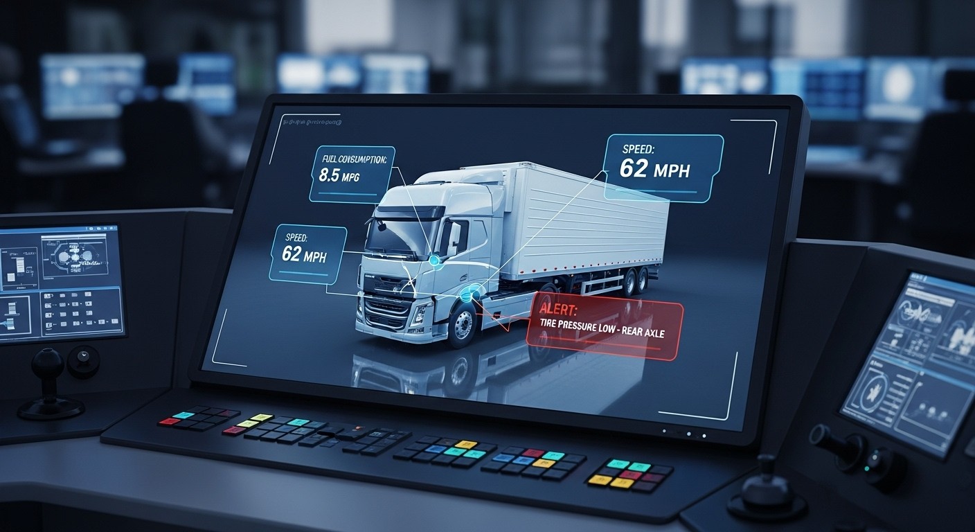 Monitor digital con un camión en modelo 3D y datos flotantes de telemetría avanzada, mostrando información de IA como consumo de combustible, velocidad y alertas.