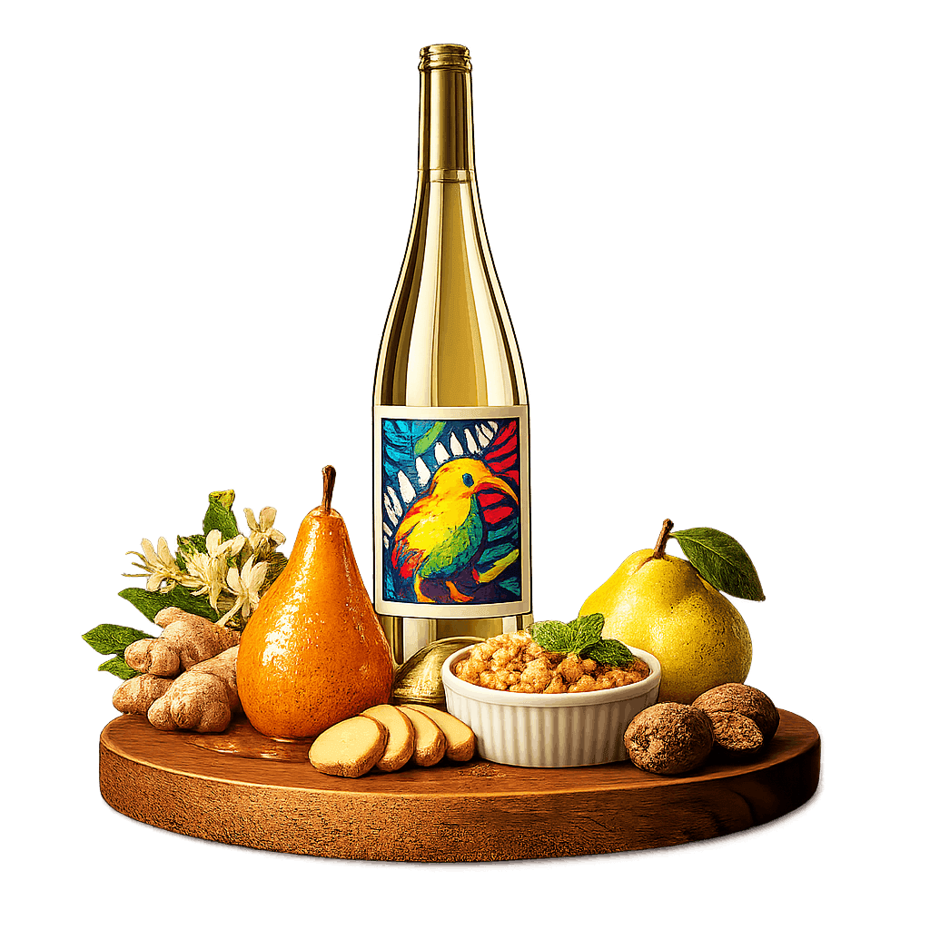 Artistic label and flavor profile for New Zealand Pinot Gris on a rustic wooden table.