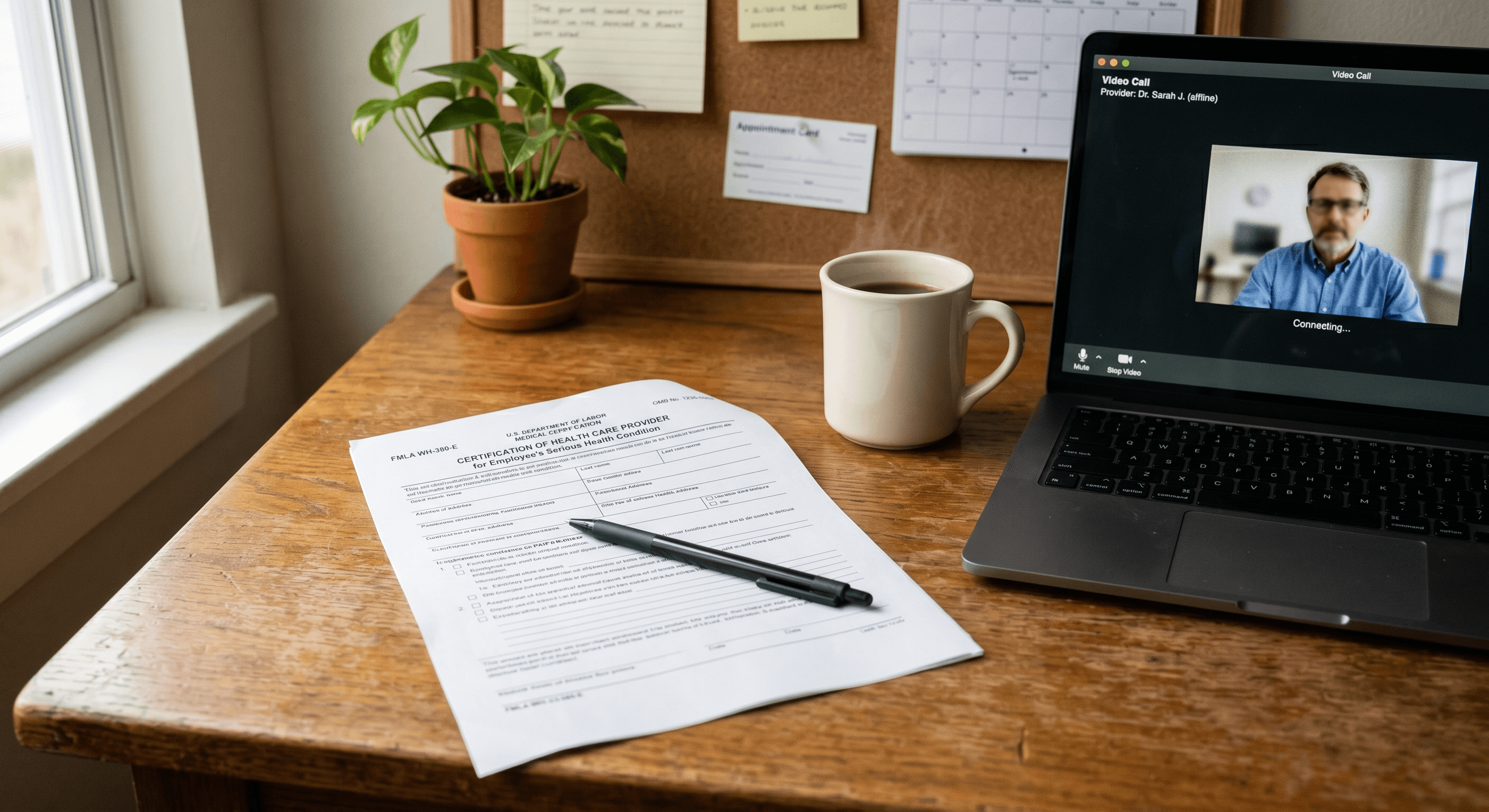 A blank FMLA medical certification form on a wooden home office desk beside a laptop showing a video consultation with a clinician, mid-morning natural light