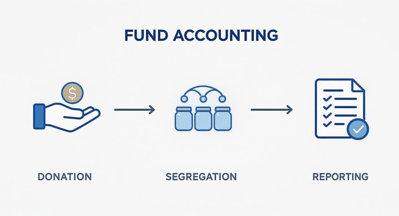A diagram illustrating the fund accounting process with steps: donation, segregation of funds, and reporting.