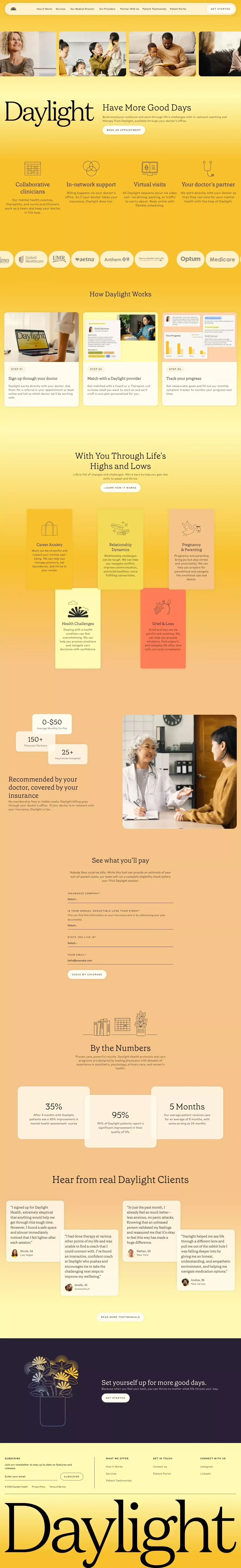 Daylight Health landing page screenshot showcasing Health & Fitness and Tech design