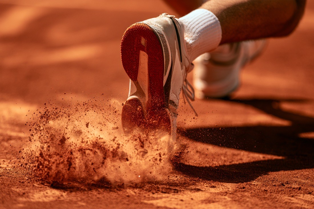 KI-Visual: Tennisschuh rutscht über Sandplatz
