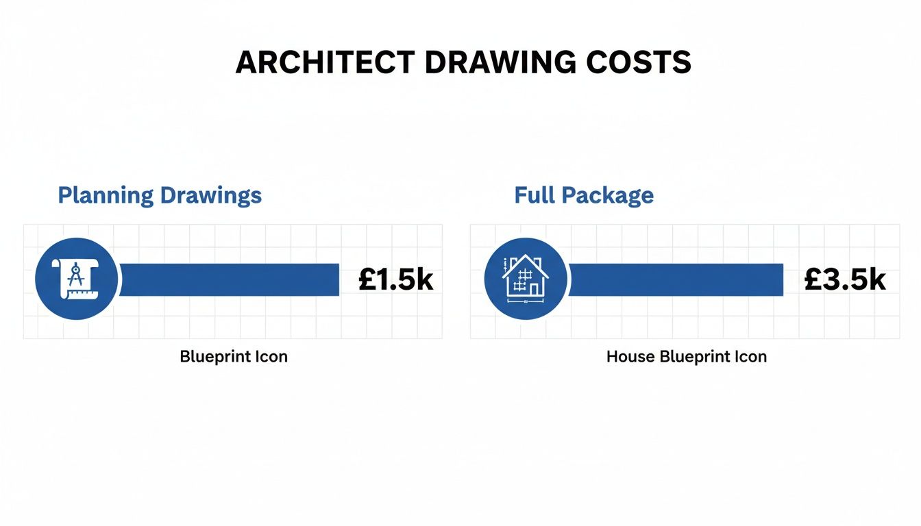 Infographic showing architect drawing costs: £1.5k for planning drawings and £3.5k for a full package.