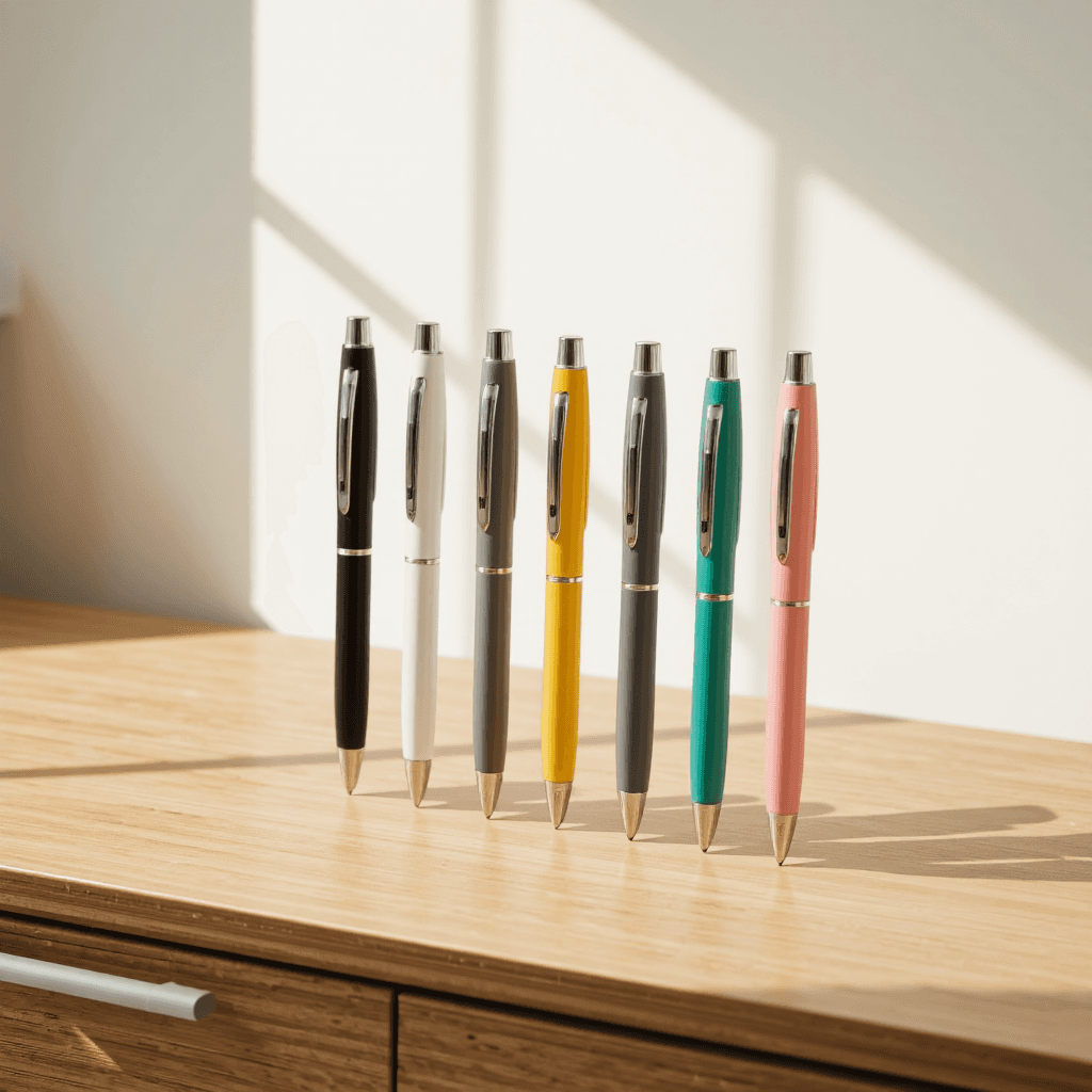 product photography of set of colored pens with replaceable tips
