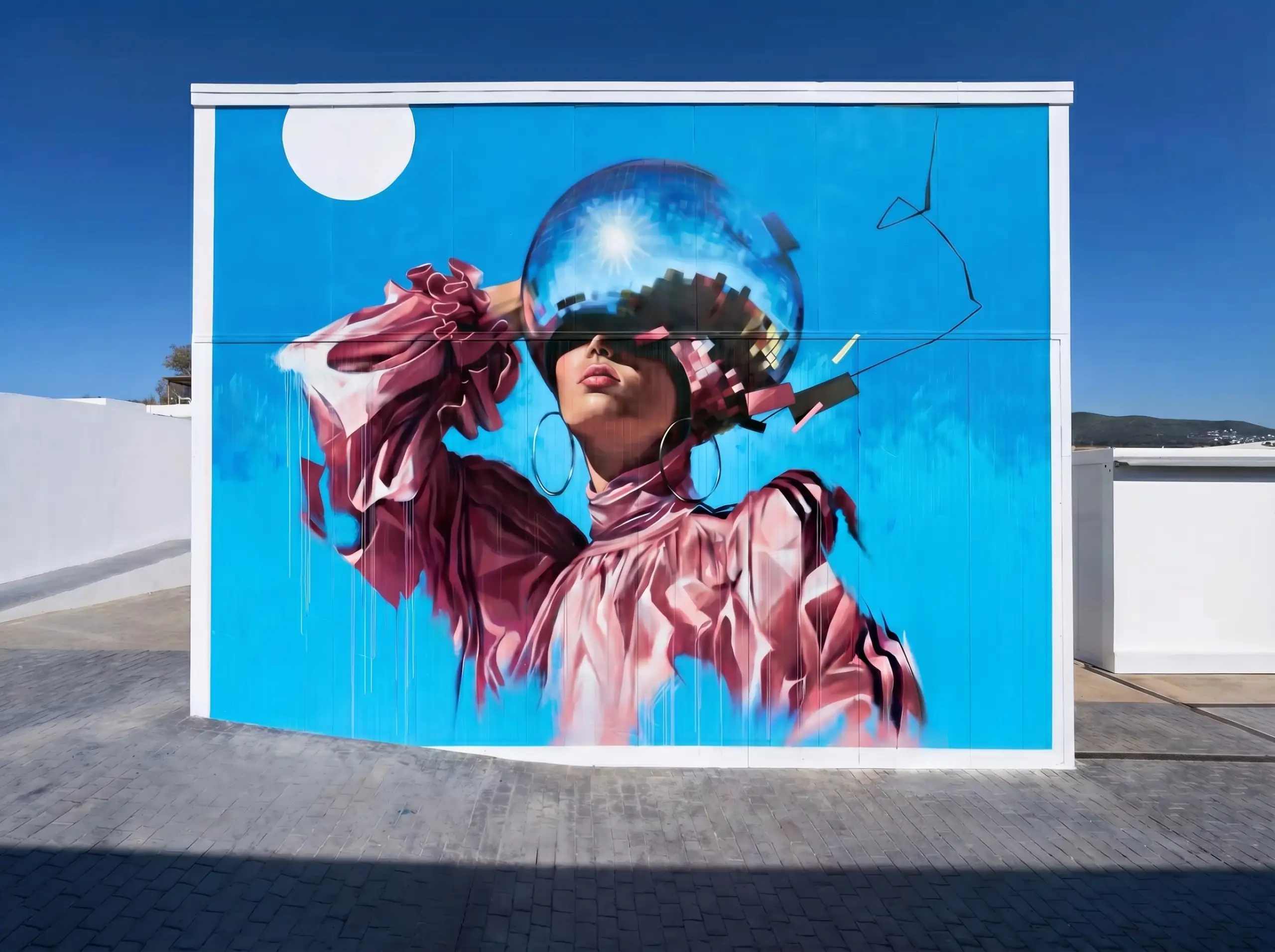 The 10m high graffiti mural piece on Hï Ibiza inside wall by UK artist Epod