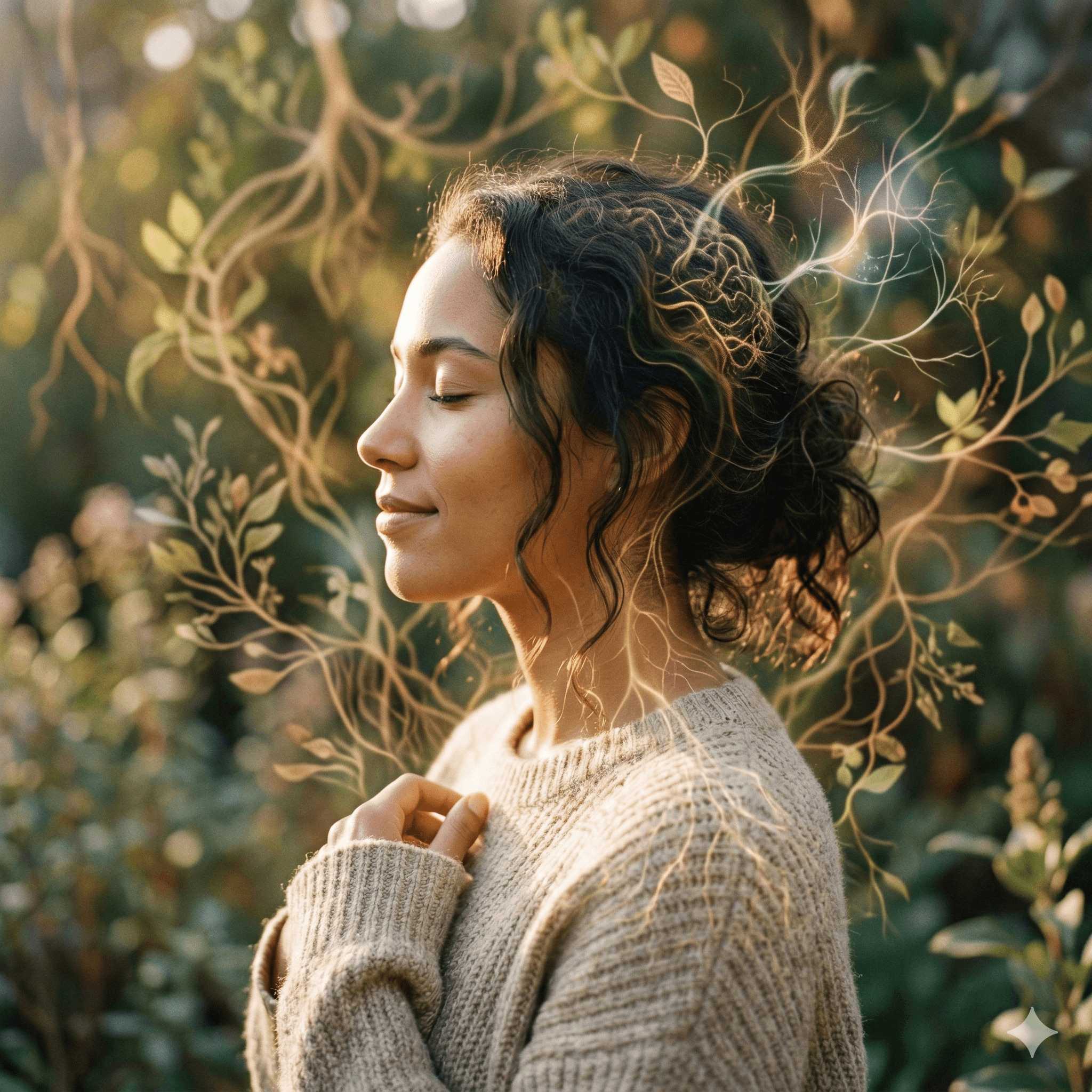 Portrait de profil d'une femme sereine et pensive, illustrant le concept de l'axe intestin-cerveau par une connexion lumineuse et shimmering entre son cerveau et une représentation stylisée et bénéfique de son microbiote intestinal.