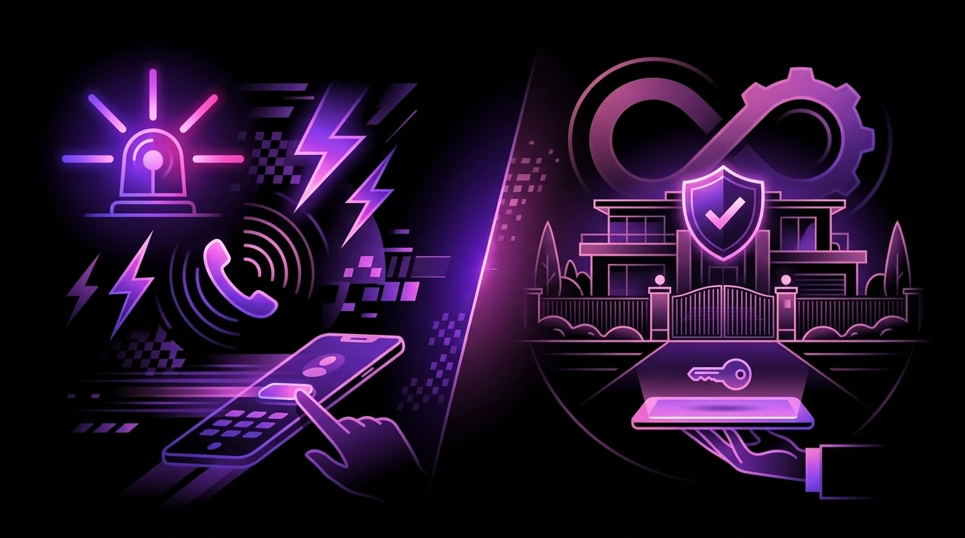 Unique cinematic split-scene illustration showing urgent service signals on one side and luxury recurring maintenance cues on the other, rendered in violet and magenta glow on a deep black background.