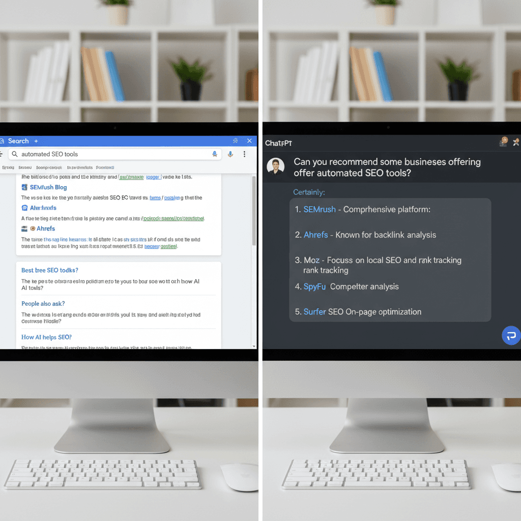 Comparison of traditional Google search results and AI search engine recommendations showing why automated SEO tools must cover both