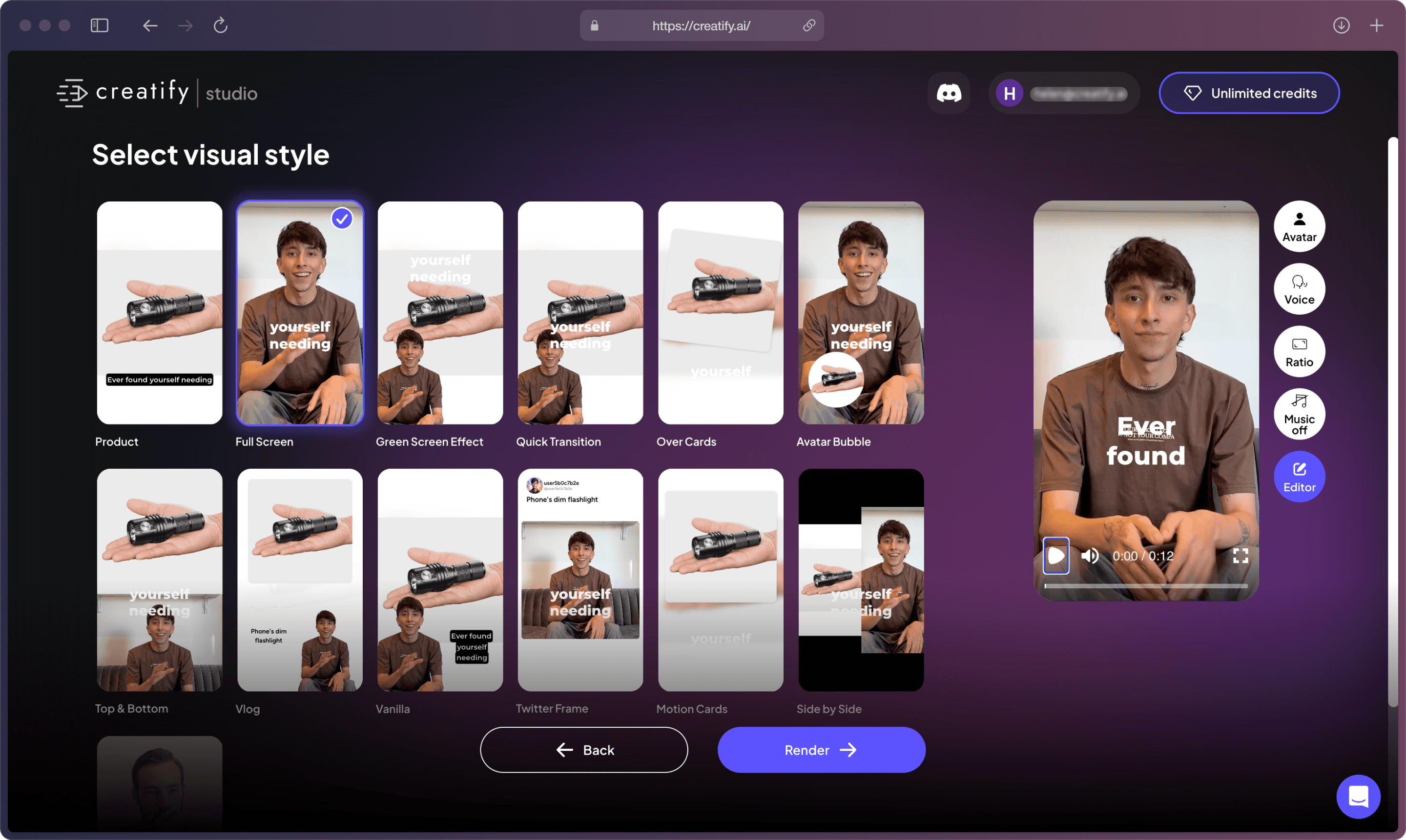 A screenshot of Creatify AI app on the “Choose a style” page showing several visual styles in brackets on the left, and a large preview on the right with play button.