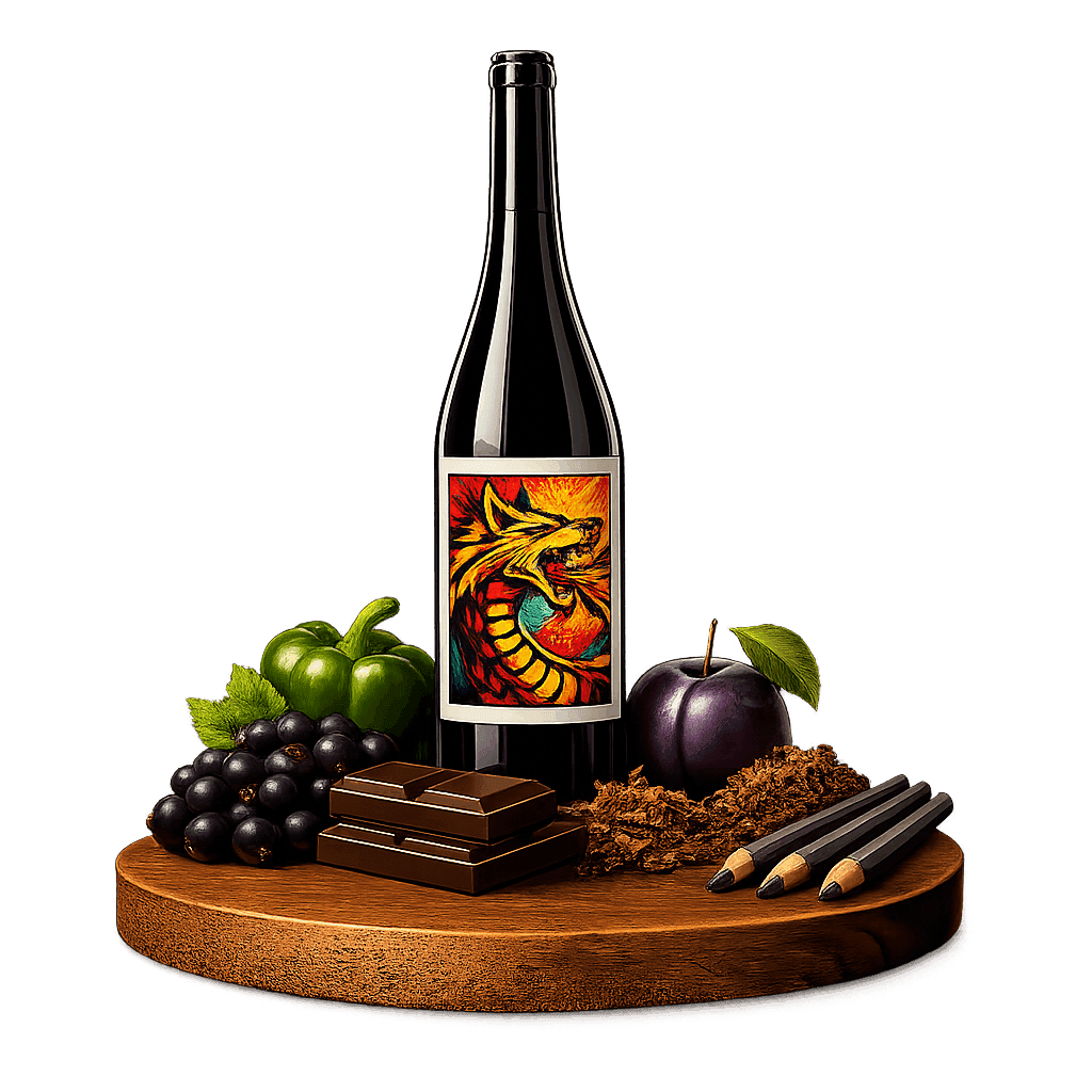 Artistic label and flavor profile for Dealu Mare Cabernet Sauvignon on a rustic wooden table.