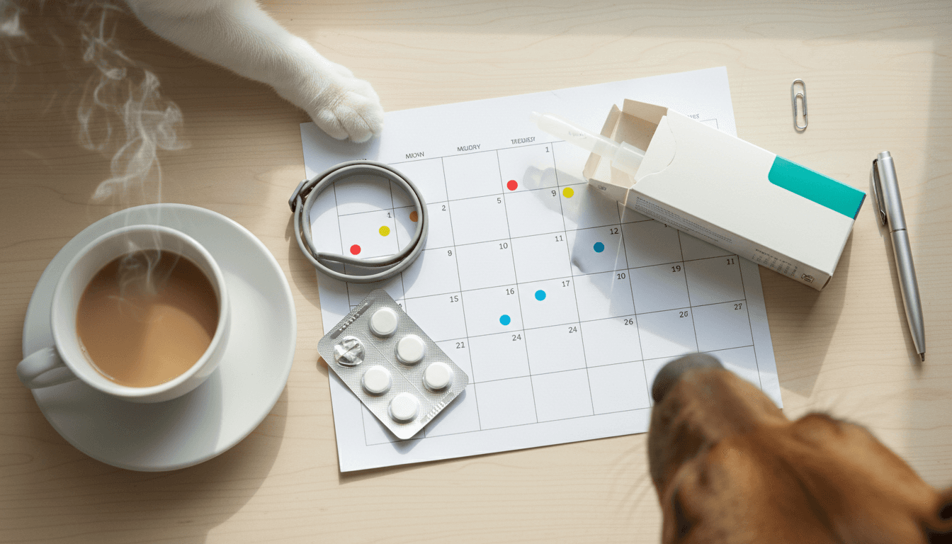 Flat‑lay of a UK pet owner’s desk with a monthly calendar and various parasite prevention products; cat’s paw and dog’s nose peeking in.