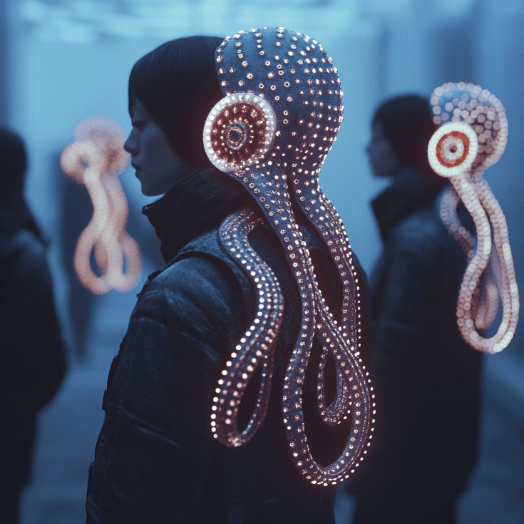 Spekulatives Artefakt eines Oktopods, KI-Darstellung: Menschen in einem Raum, die eine Vorrichtung am Kopf tragen, deren Form an einen Oktopus erinnert