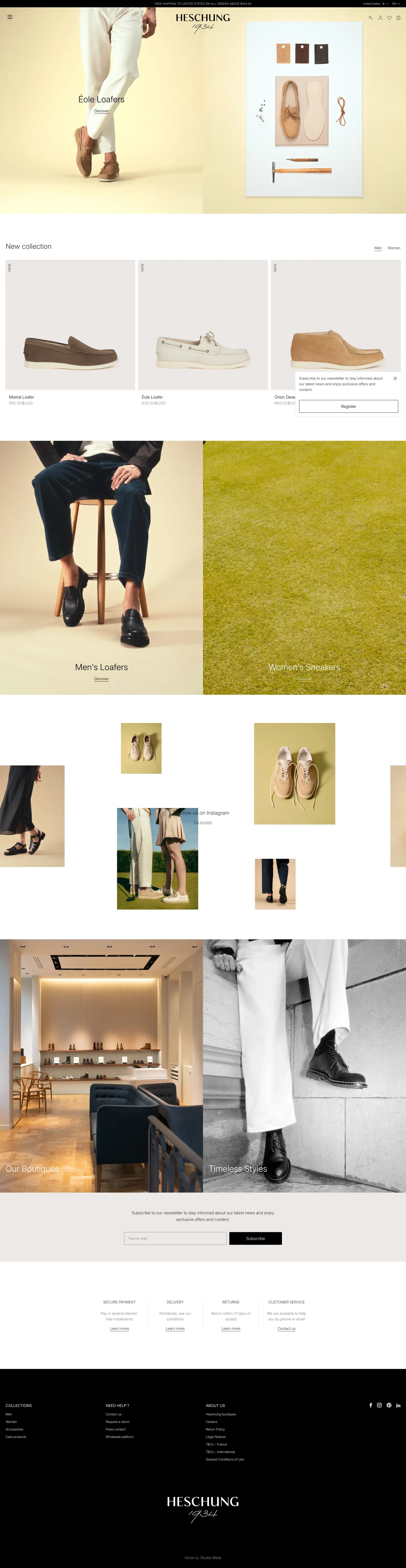 Heschung, fabricant français de chaussur ecommerce page screenshot showcasing Ecommerce and Fashion design