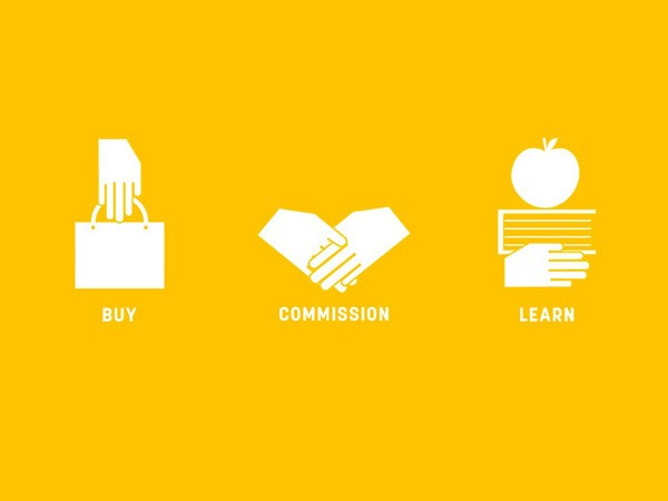 The image displays three white icons on a solid yellow background. On the left, a hand holding a shopping bag with the word "BUY" beneath it. The center shows a handshake with the word "COMMISSION" below it. The right side features a hand holding a book above an apple, with the word "LEARN" beneath it.