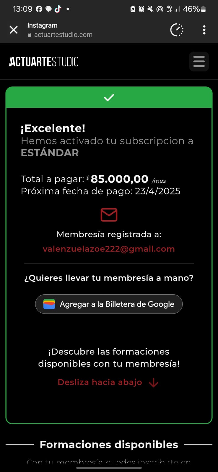 opción para descargar membresia a la billetera de Google