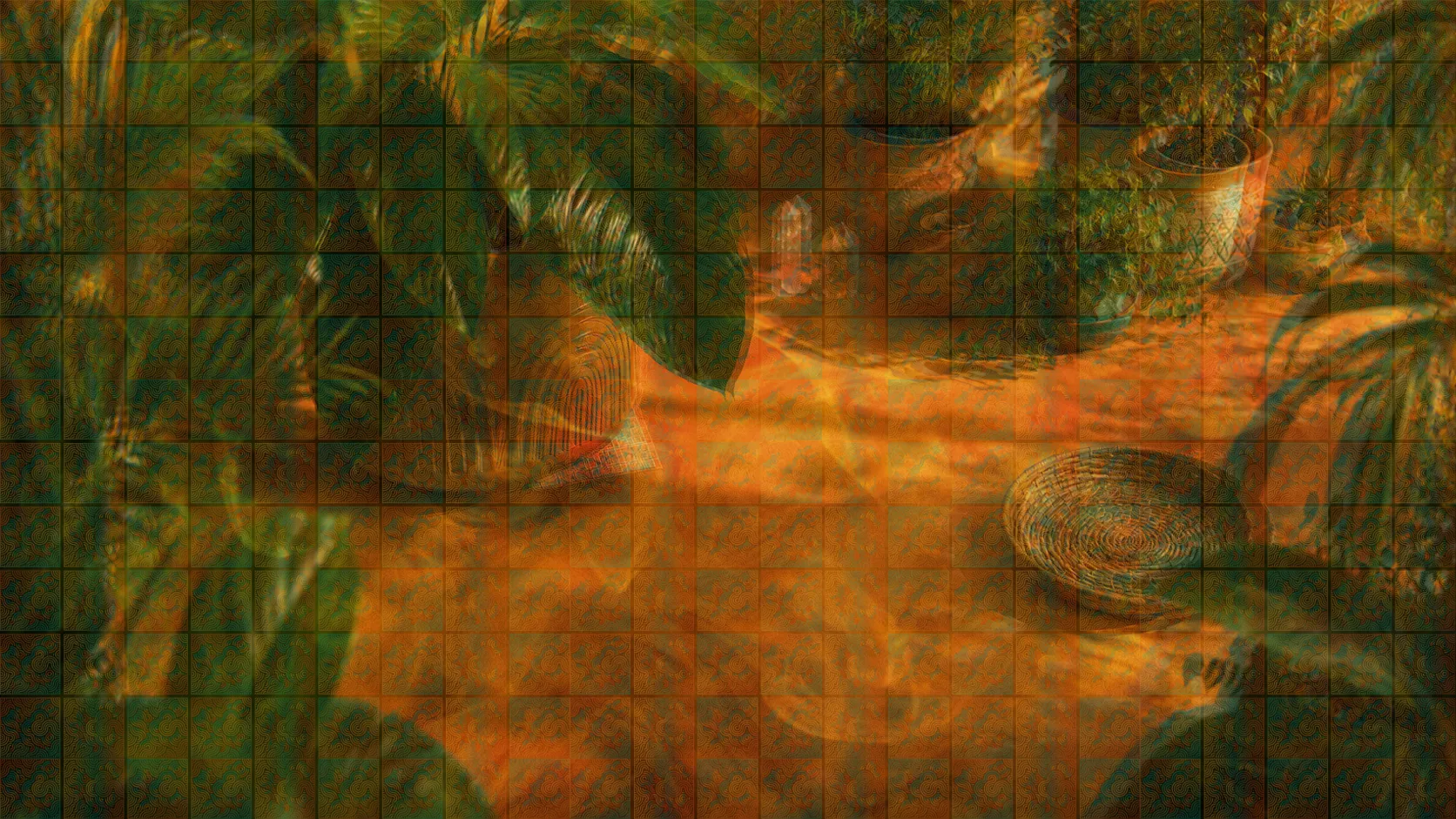 A bohemian, plant-filled interior layered with a psychedelic grid of orange and teal patterned squares.
