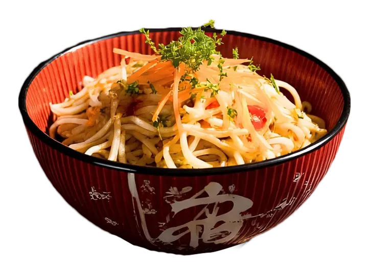 A textured red bowl with white calligraphy, filled with noodles, bean sprouts, carrots, and herbs.