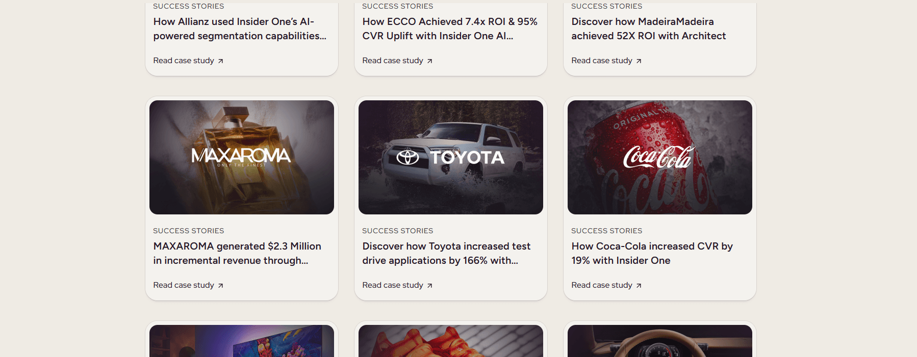 Interactive cards displaying selected customer case studies from Insider One.