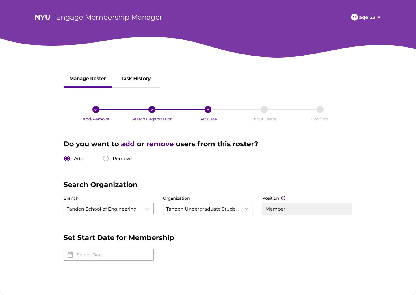 Form prompting user to select users' starting date of membership
