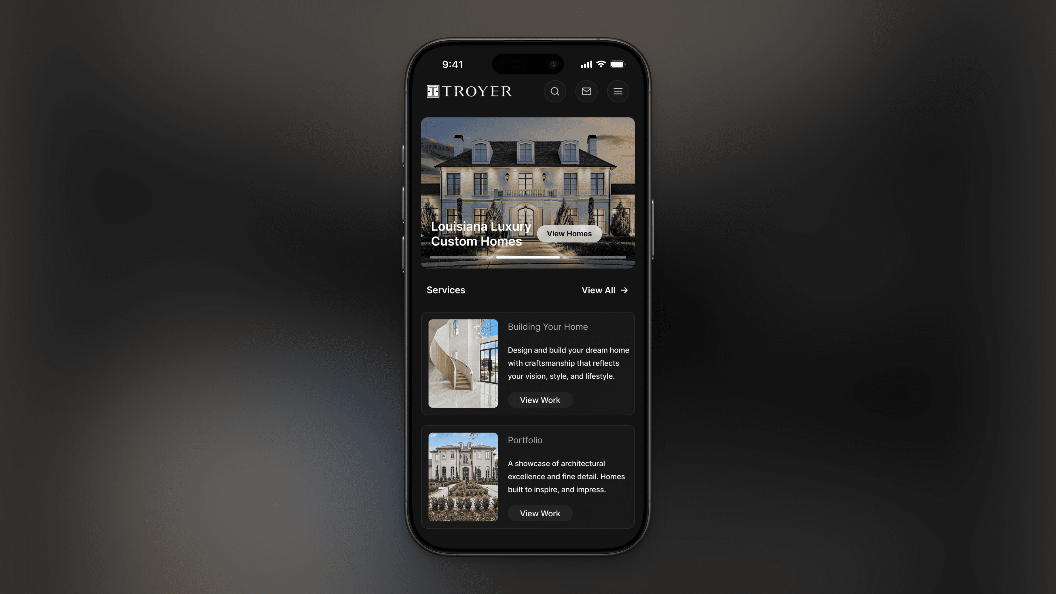 Troyer Builders mobile website with analytics hotspots highlighting key user interactions across hero and service sections on a dark, high-end interface.