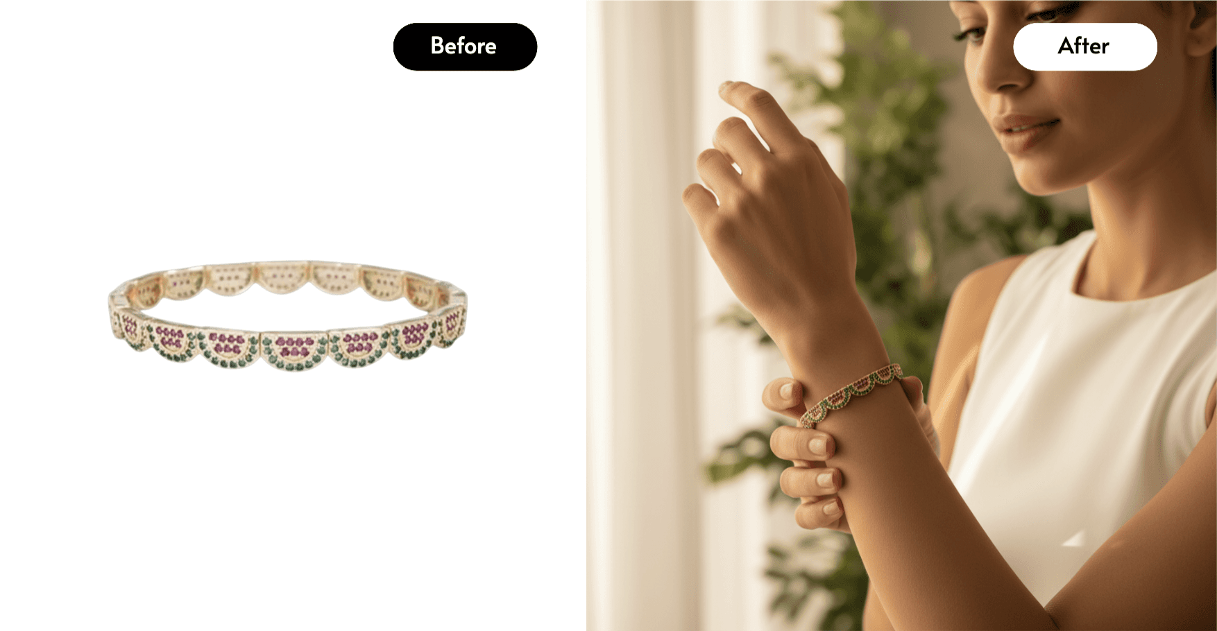 bracelet before and after photo, woman wearing a whie dress wearing it