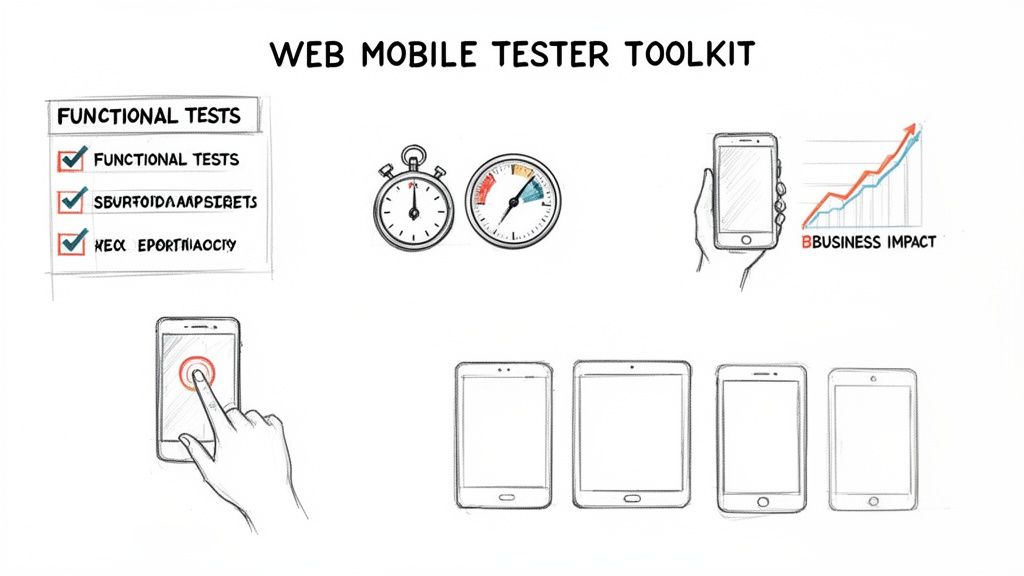 A visual toolkit for web and mobile testing, showing functional tests, performance metrics, and business impact.