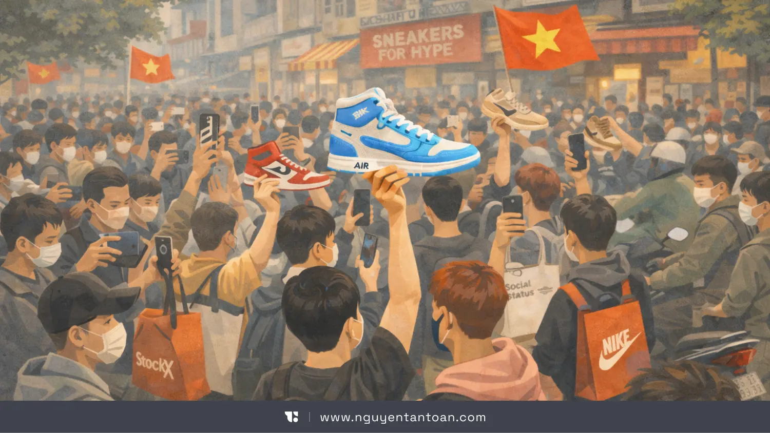 Đám đông giới trẻ Việt Nam tụ tập săn sneaker phiên bản giới hạn, giơ cao giày thể thao giữa không khí cuồng nhiệt của thời kỳ đỉnh cao sneaker hype tại Việt Nam