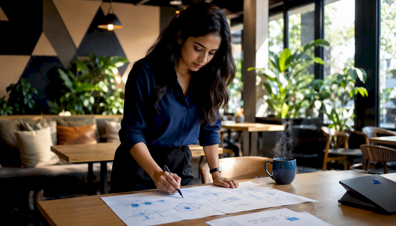 Hands reviewing cloud operations diagrams at desk