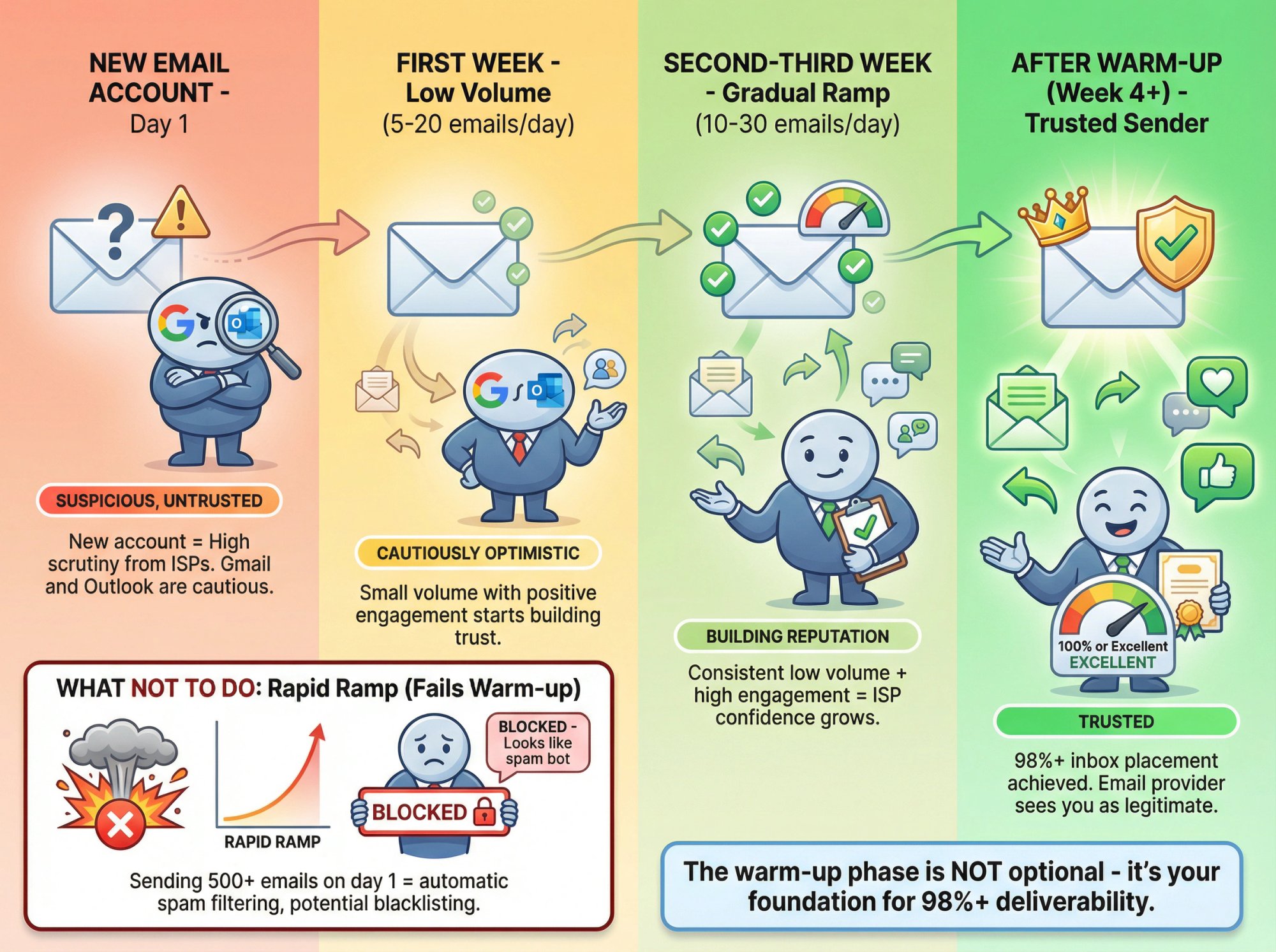 Visual metaphor comparing email warm-up process to reputation building: from new account suspicion to trusted sender status