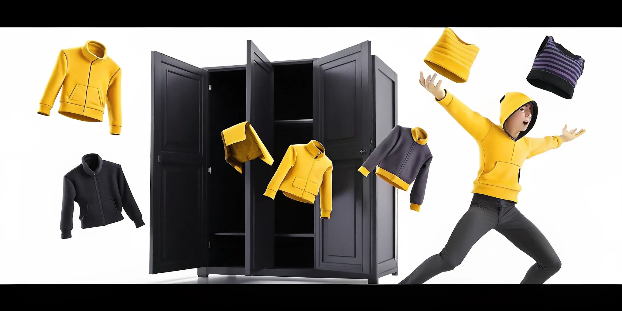 Stylized 3D game avatar trying on modular clothing items in a wardrobe scene