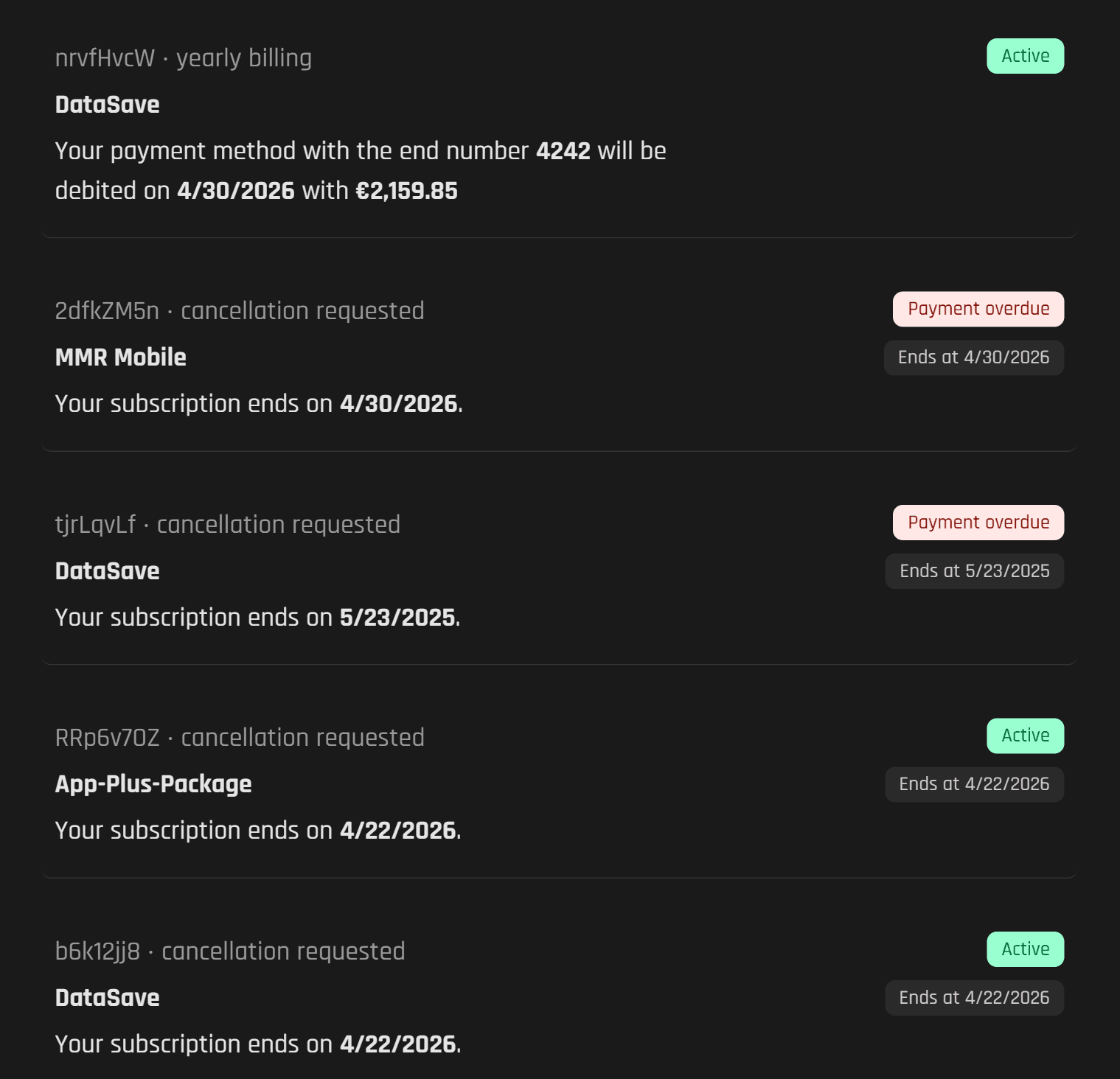 List of existing subscriptions in My tapio