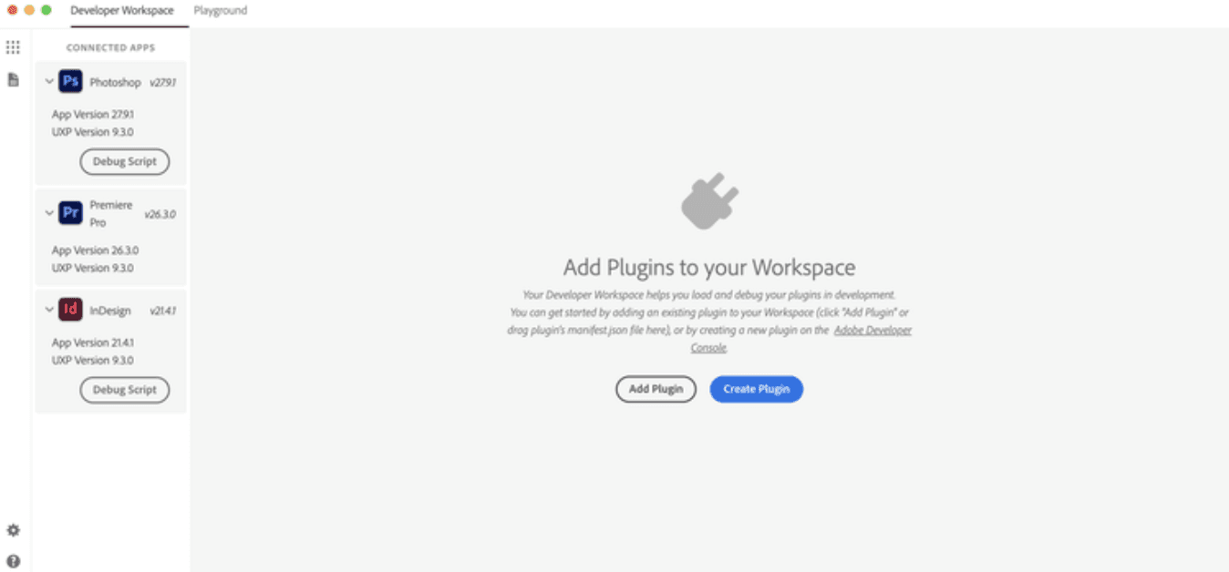 Adobe UXP Developer Tool workspace with Photoshop connected for plugin development and debugging.