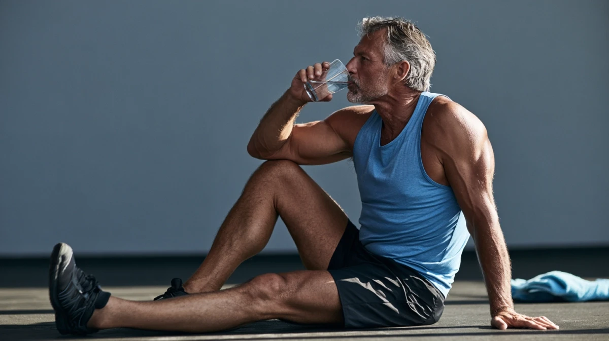 A man sitting on the floor after a session, drinking water with his legs extended and feeling heavy.