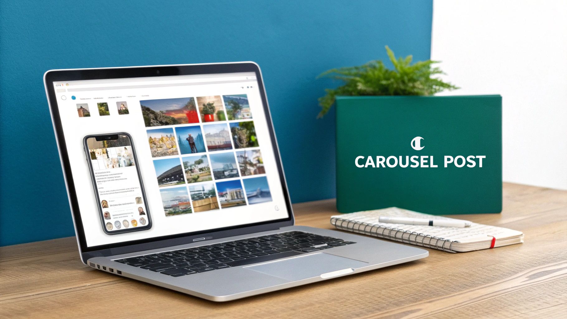 A laptop and smartphone displaying image galleries, next to a 'CAROUSEL POST' box and notebook.