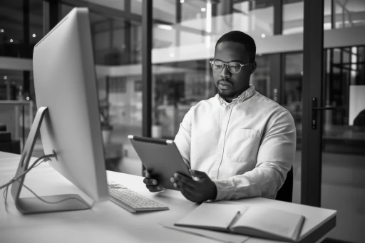 Professional man using tablet in office representing data verification, digital accuracy, and trusted identity management with Profiled Nigeria.