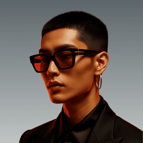 Youthful Asian individual wearing trendy square sunglasses and simple yet stylish earrings.
