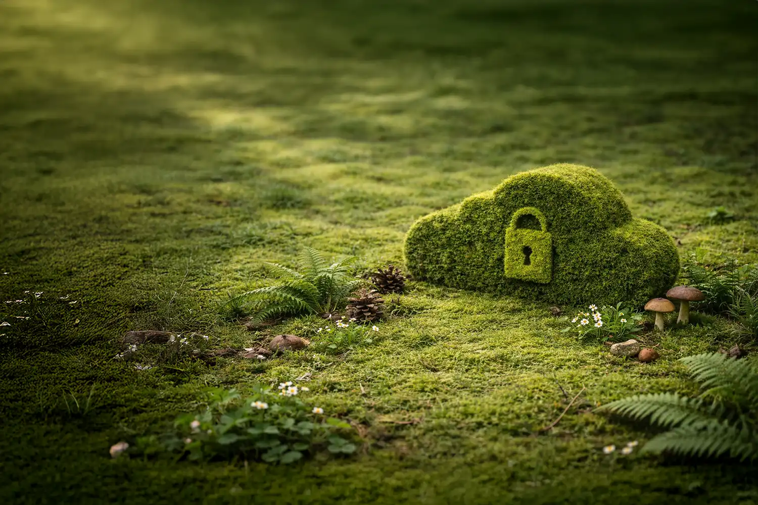 Moosbedeckte Wolke mit Schloss auf einem Waldboden, umgeben von Farnen, Pilzen und Zapfen, als Symbol für Datenschutz und Sicherheit.