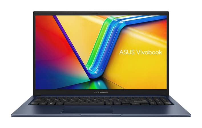 ASUS VivoBook laptop med en farverig skærm og VivoBook-logo, slankt design velegnet til studerende.