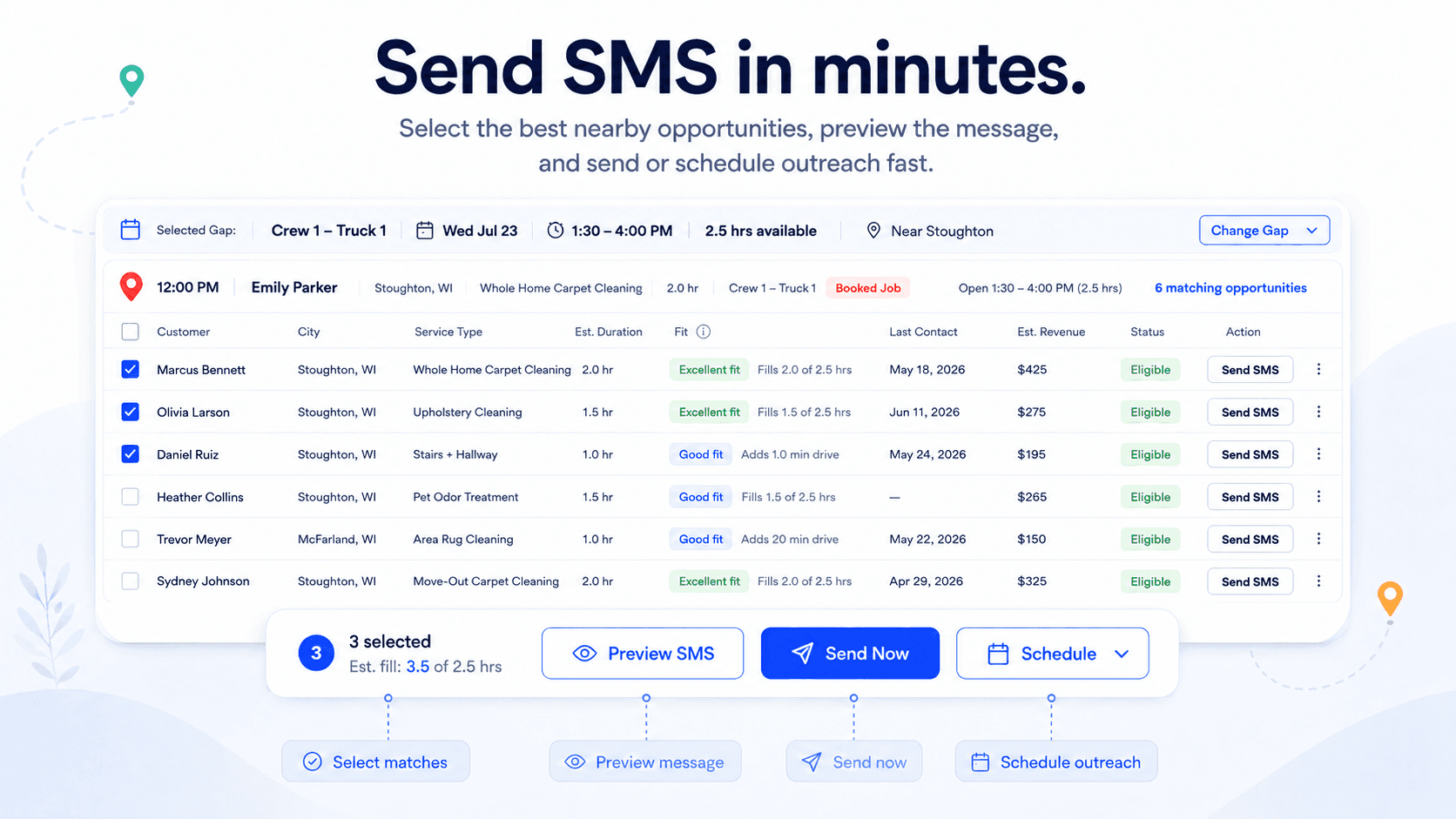 RouteFiller send SMS outreach interface.