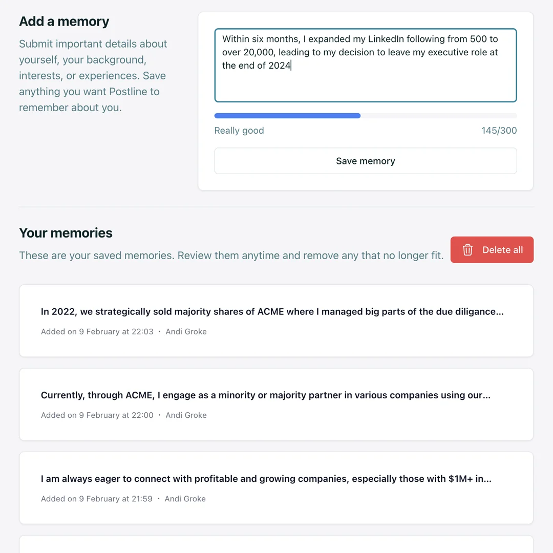 Screenshot showing how to add memories to the postline AI so it automatically remembers information about the user
