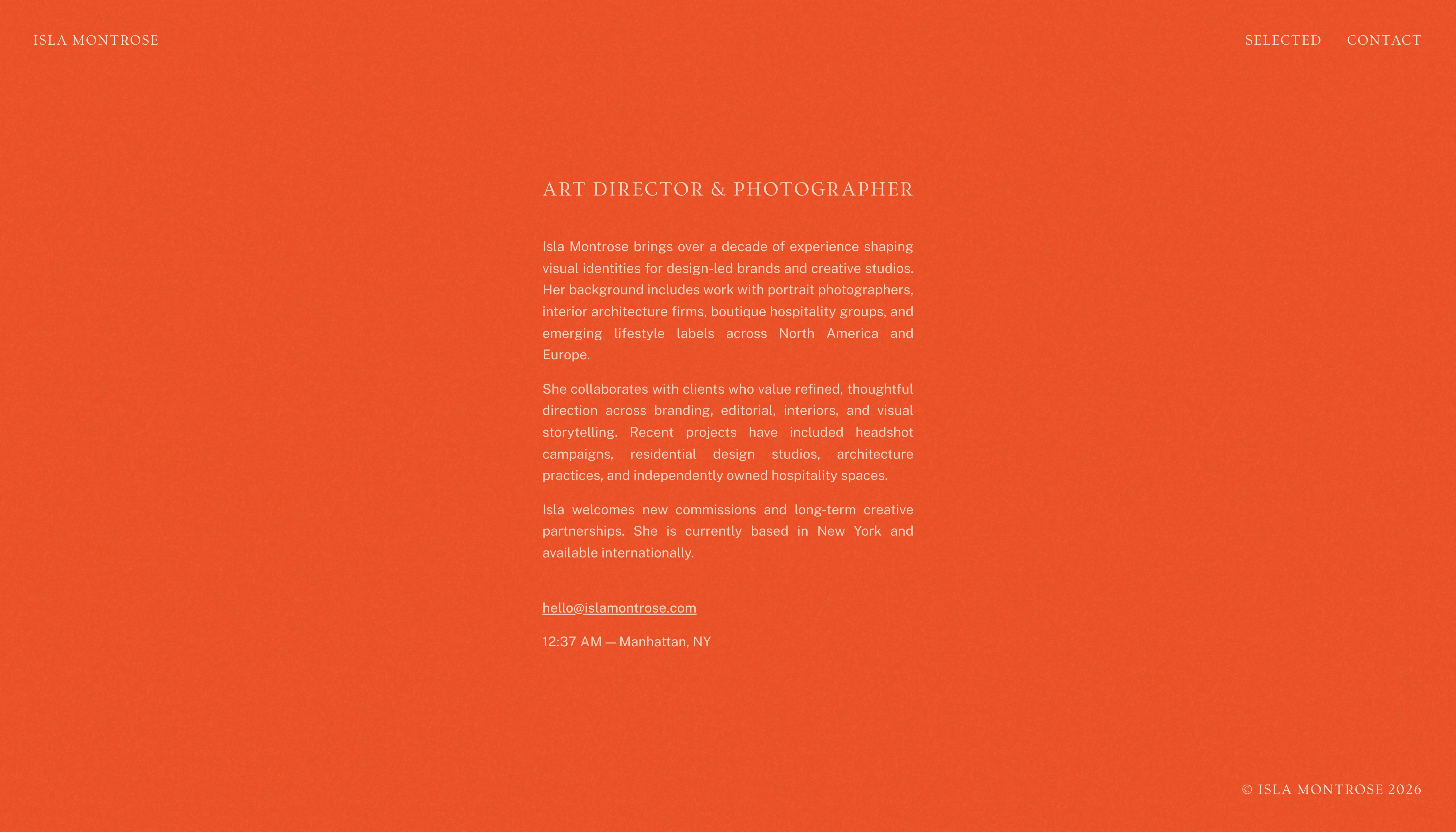 Isla Montrose portfolio in burnt orange with an Art Director and Photographer bio and contact details.
