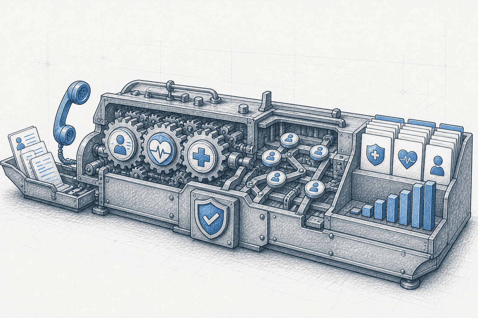 A hand-drawn agency management system connecting calls, customer records, compliance, and reporting.