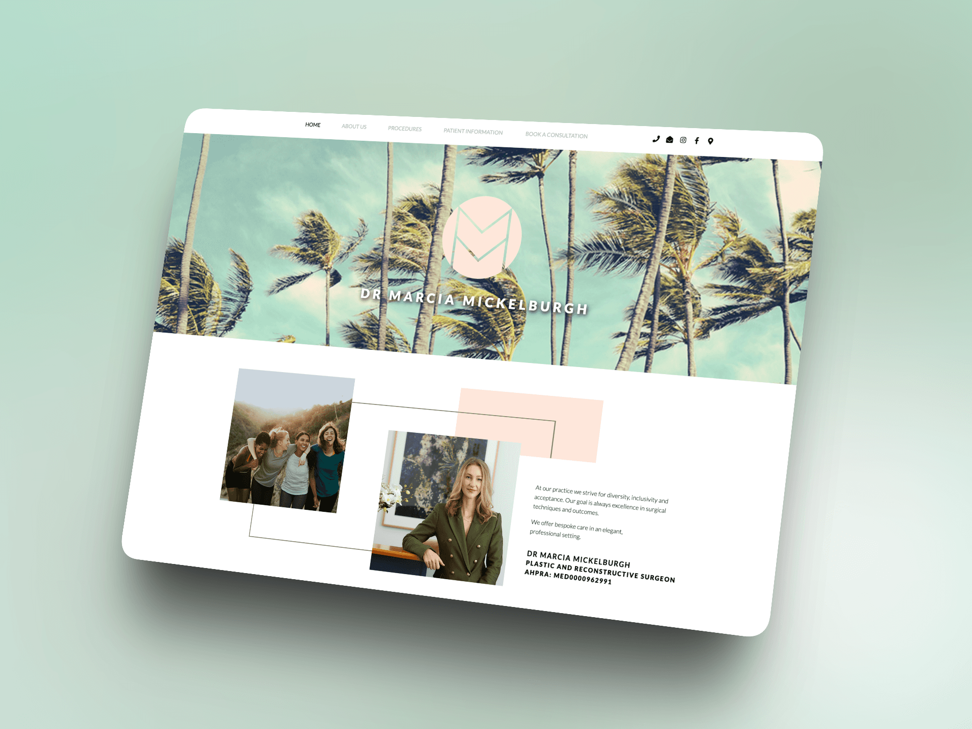 Corporate website layout for a local business featuring team imagery and responsive website structure.