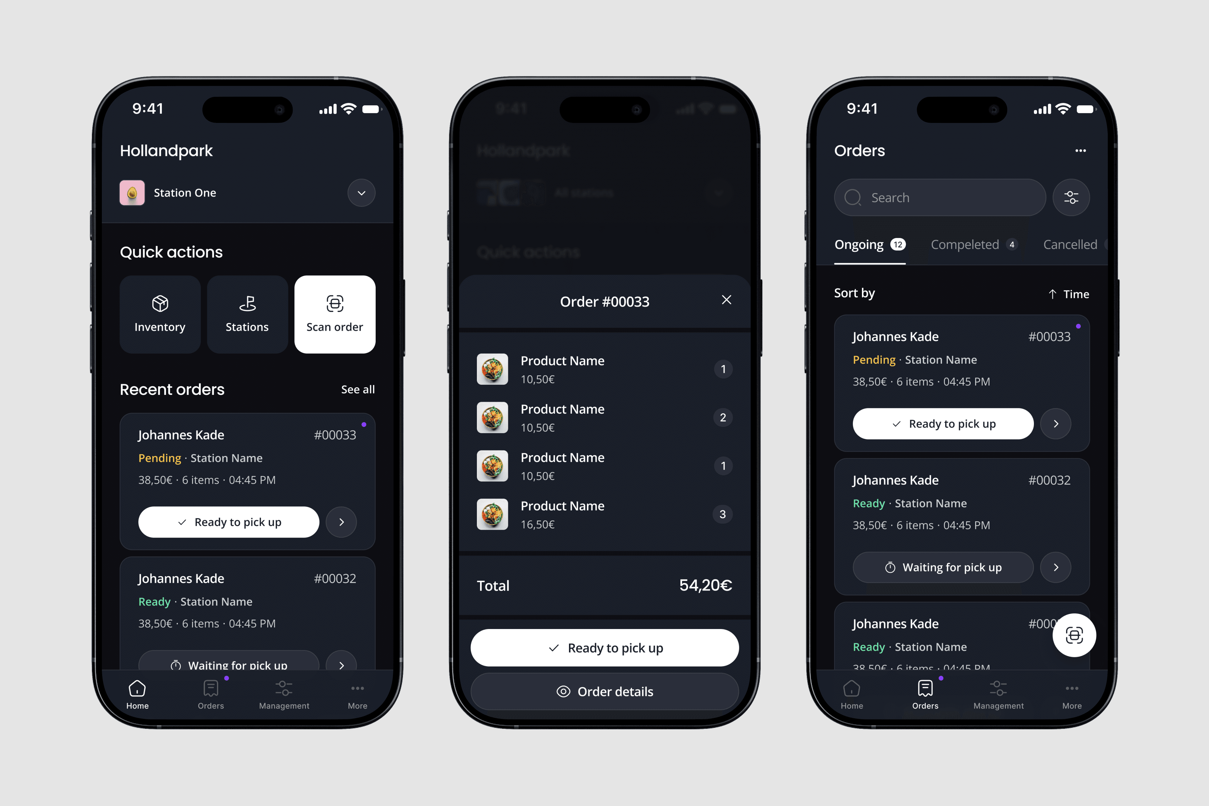 Screens from the Eventbro provider-side app for bartenders, showing the order management dashboard, an order detail view, and the list of ongoing orders.